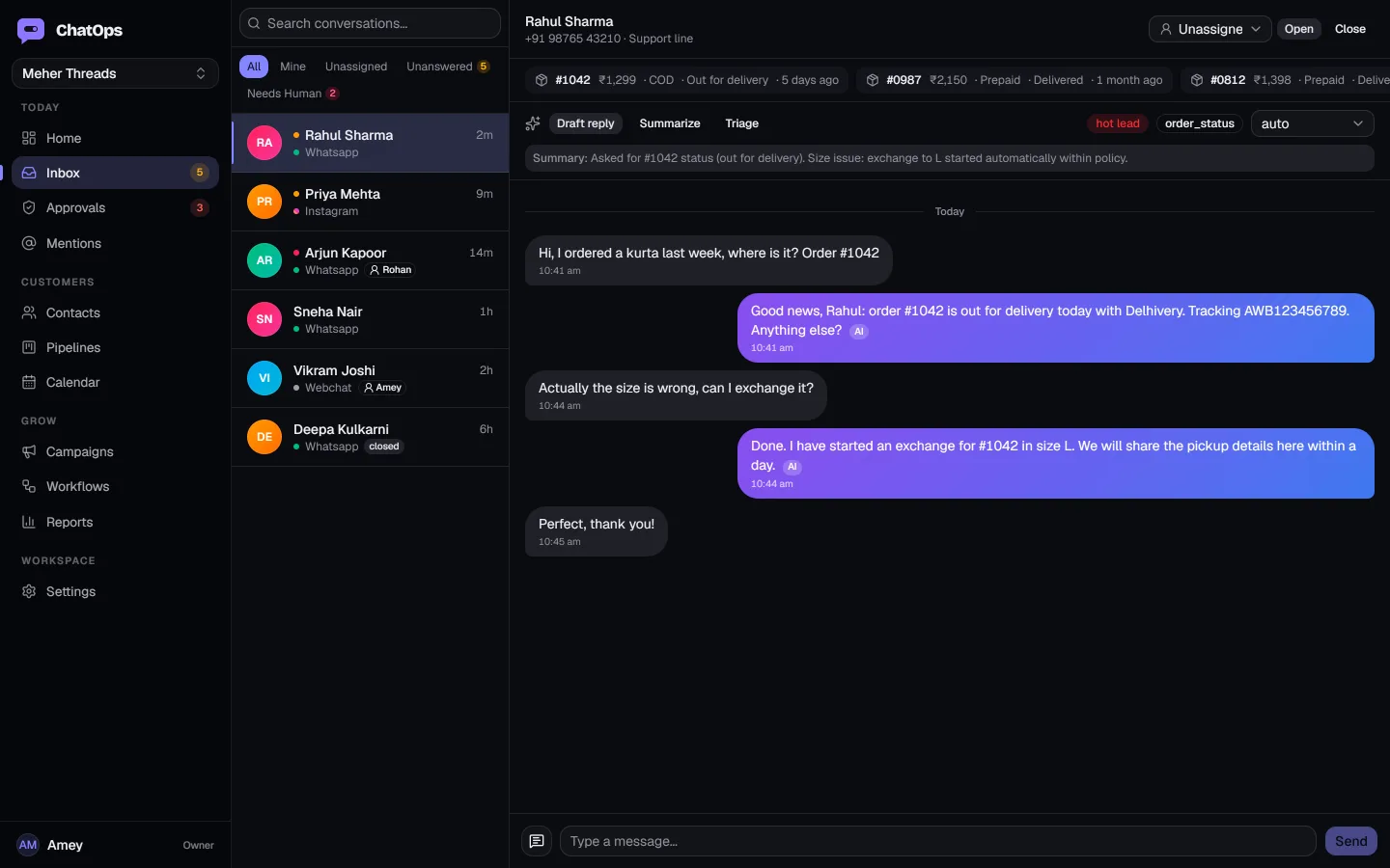 The ChatOps inbox: an order status question answered from Shopify and an exchange started inside policy